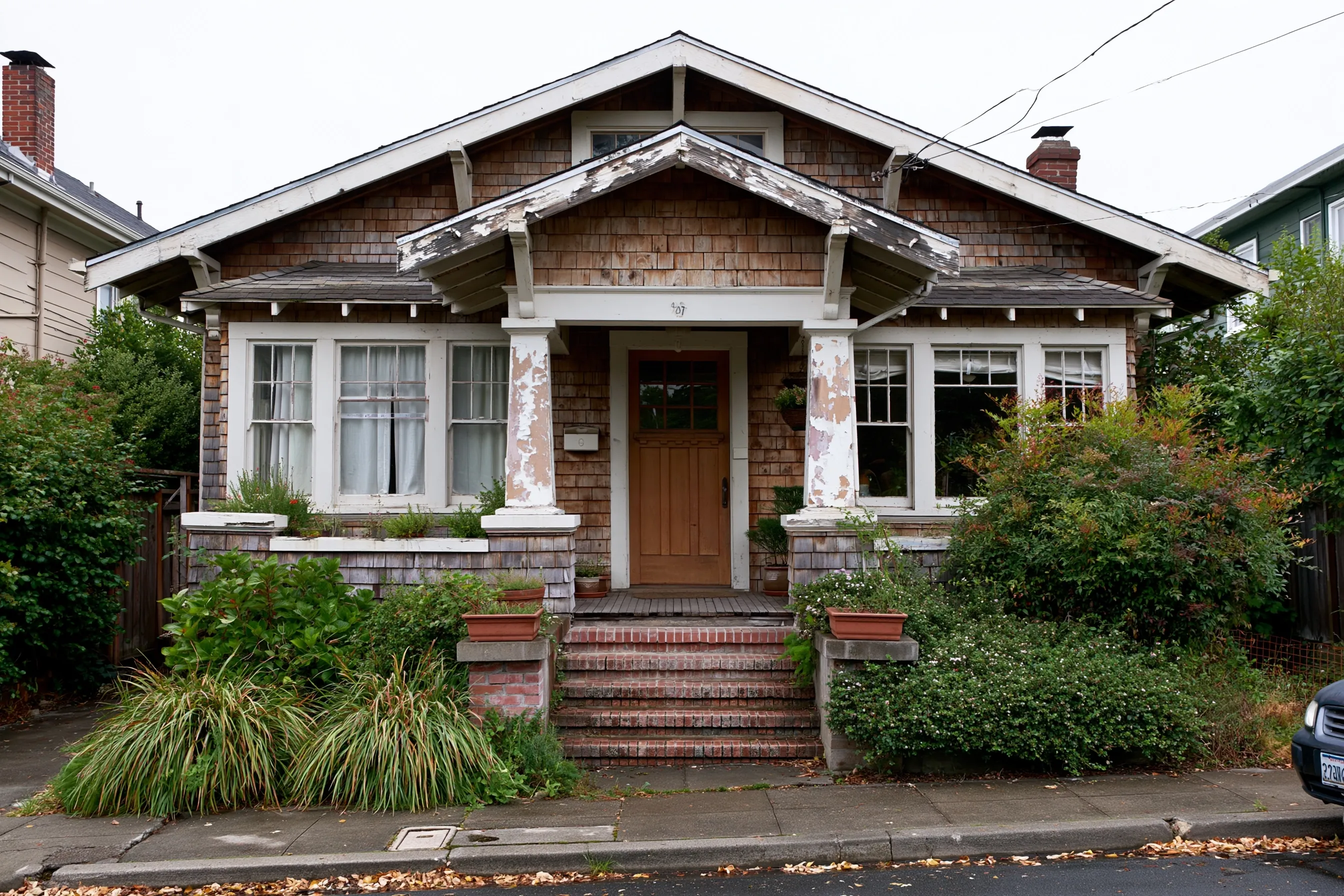 1920s craftsman bungalow with wood shingle siding, white-painted porch columns and trim with worn paint, front garden