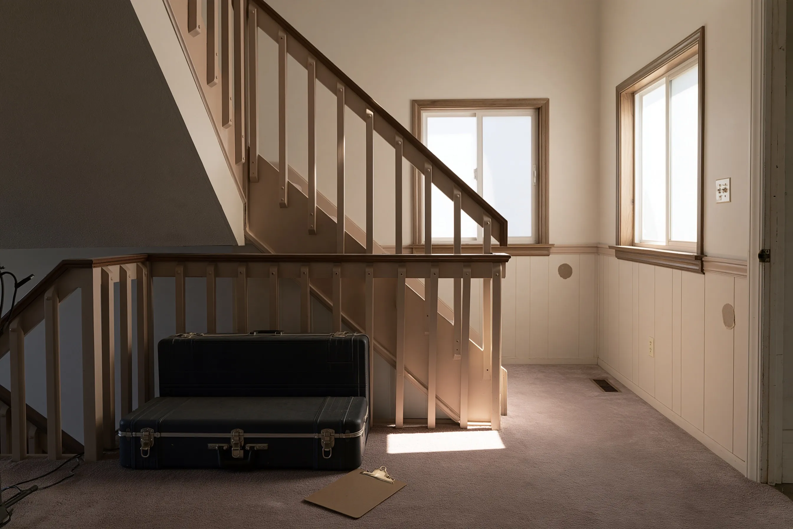 Wood stair railings and a wainscoted wall on a landing, with a closed black hard case and a flat sheet of cardboard on the carpet